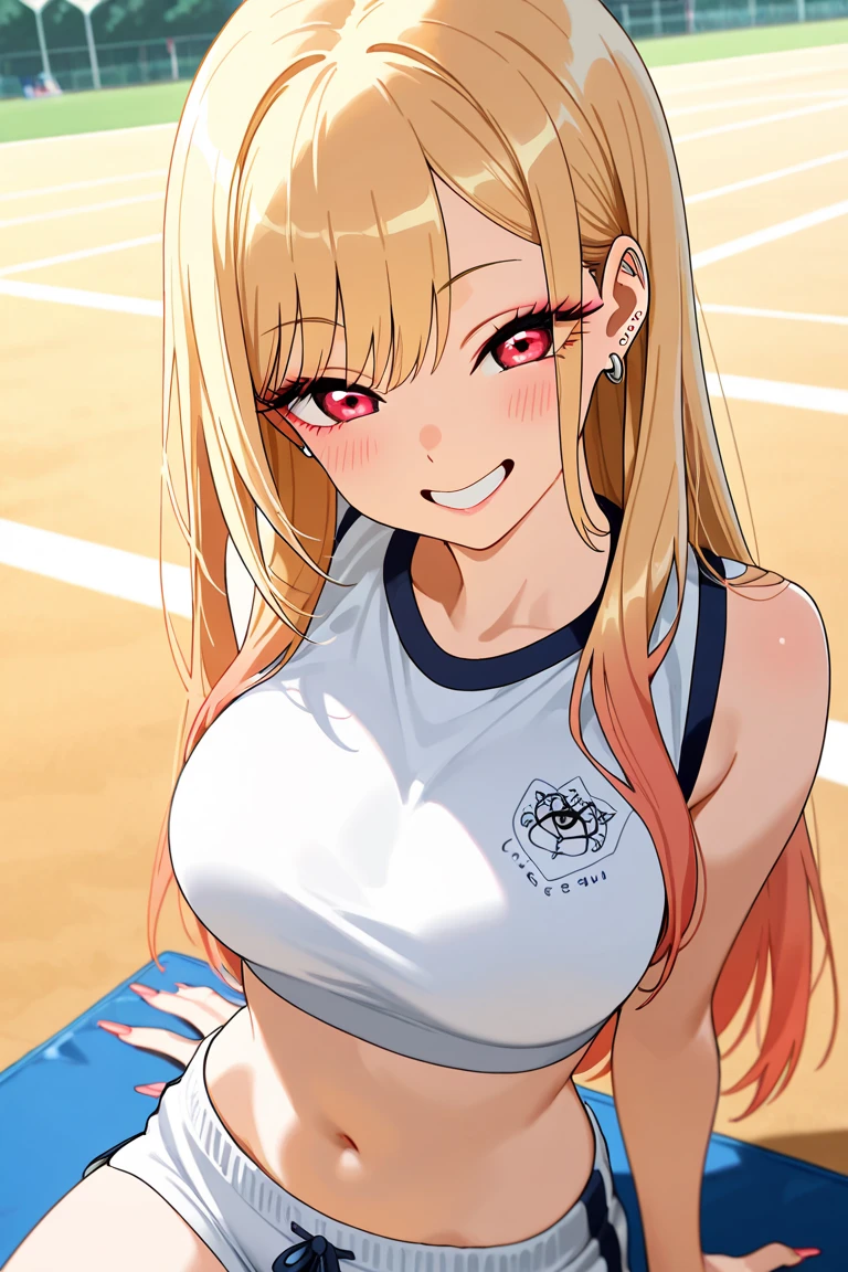 1girl, ultra high res, large chest, cleavage, white shirt, gym shorts, smile, open mouth