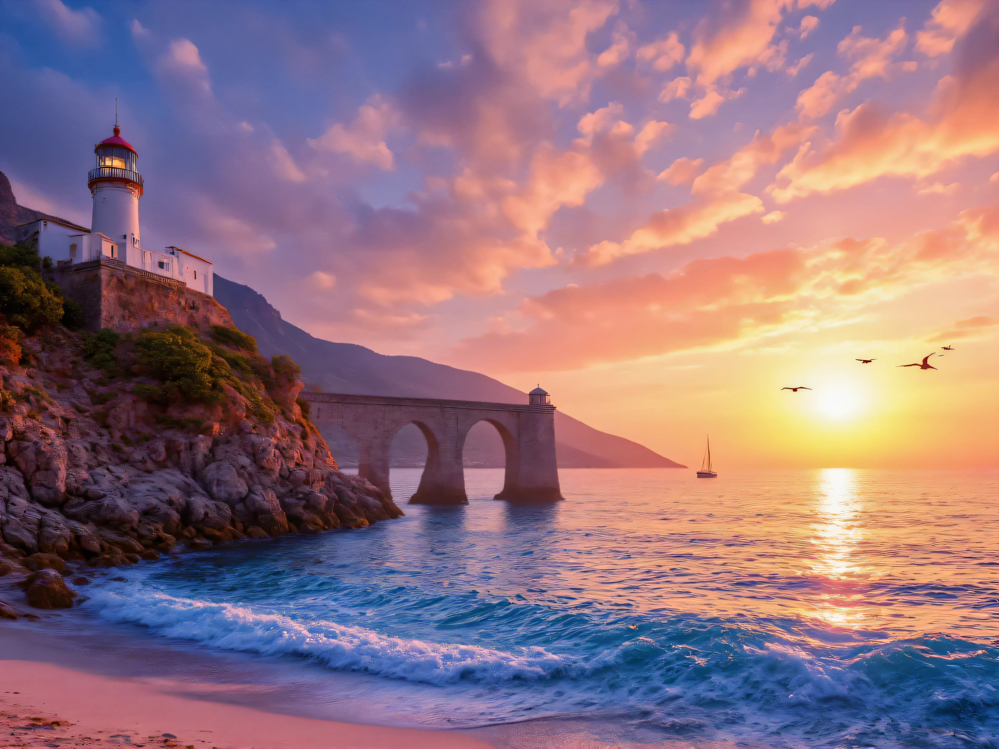 "A breathtaking seascape at sunset, with the sky painted in vibrant shades of orange, pink and purple reflected in the calm waters of the ocean. Soft waves caress a beach of white sand, dotted with smooth rocks and shells. on the left, , a white lighthouse rises with a red top, iluminado, on a cliff covered with verdant vegetation. Ao fundo, an ancient stone bridge connects two cliffs over the sea, with arches reflected in the water. An elegant sailboat crosses the horizon, and seagulls fly towards the golden sky. The scene conveys serenity, natural beauty and a touch of maritime magic."