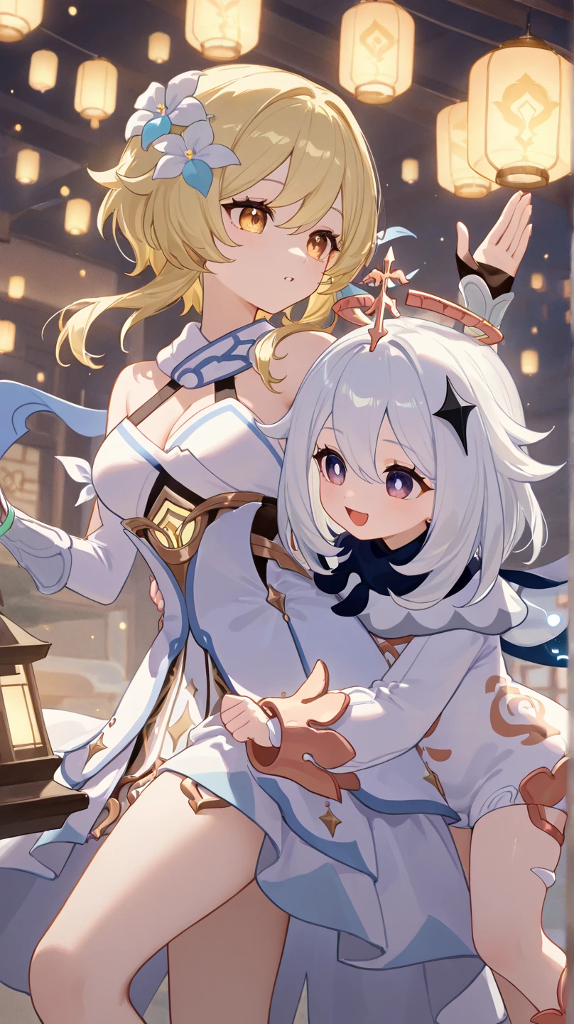 Vibrant and dynamic anime-style illustration featuring a tall young girl character with striking blonde hair and super short, her hair is short and reaches the nape of his neck at the back, he has two strands on the forehead that reach his cheeks, expressive blue eyes. She is sitting on the floor with her right hand on her chin, and her other hand resting on her leg, her expression is flirtatious and fun. The character has a fair complexion and is adorned with a golden jewel on her forehead. si is dressed in a flowing white and blue outfit with gold accents, and they hold a cigarette in one hand. The background is a blank space. The overall composition is energetic and colorful, with a focus on the character's cheerful and confident expression.