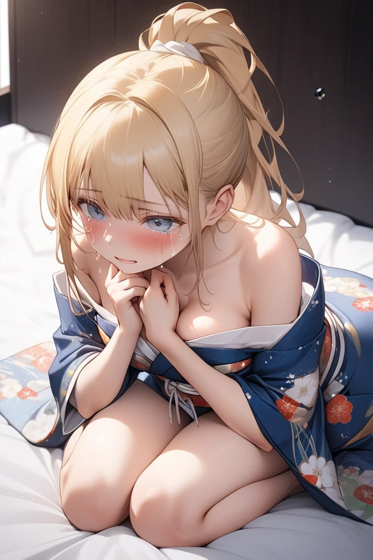 (top-quality、in 8K)、Precise depiction、a picture、One beautiful blonde American woman、38 years、Film actress、Sleeping in a snow-white bed、No Underwear、Spread your legs wide from side to side、Show off the inside of the thigh、You can see the whole body、Yukata gets wet with sweat and sticks to the skin、1 thin white see-through yukata without pattern、very large breast、The color and shape of the tip of the chest is visible 、You can see the color and shape of the areola、Looks a lot of pubic hair、The entire chest shows through、