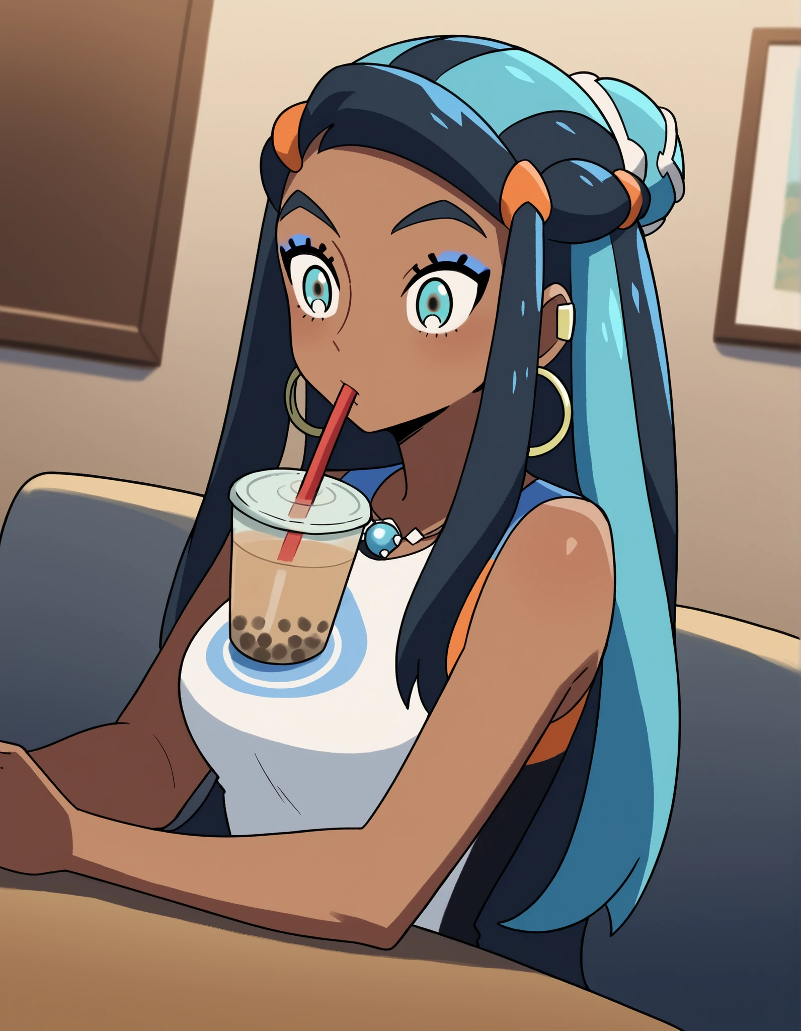 score_9, score_8_up, score_7_up, source_anime, pokemonnessa, aqua eyes, eyeshadow, dark skin, dark-skinned female, hair bun, hair ornament, makeup, long hair, sidelocks, single hair bun, thick eyebrows, black hair, aqua hair, streaked hair,, bubble tea challenge, bubble tea, object on breast, drinking straw, drinking straw in mouth, drinking, cup,, indoors, sitting, looking down, , cowboy shot, dutch angle