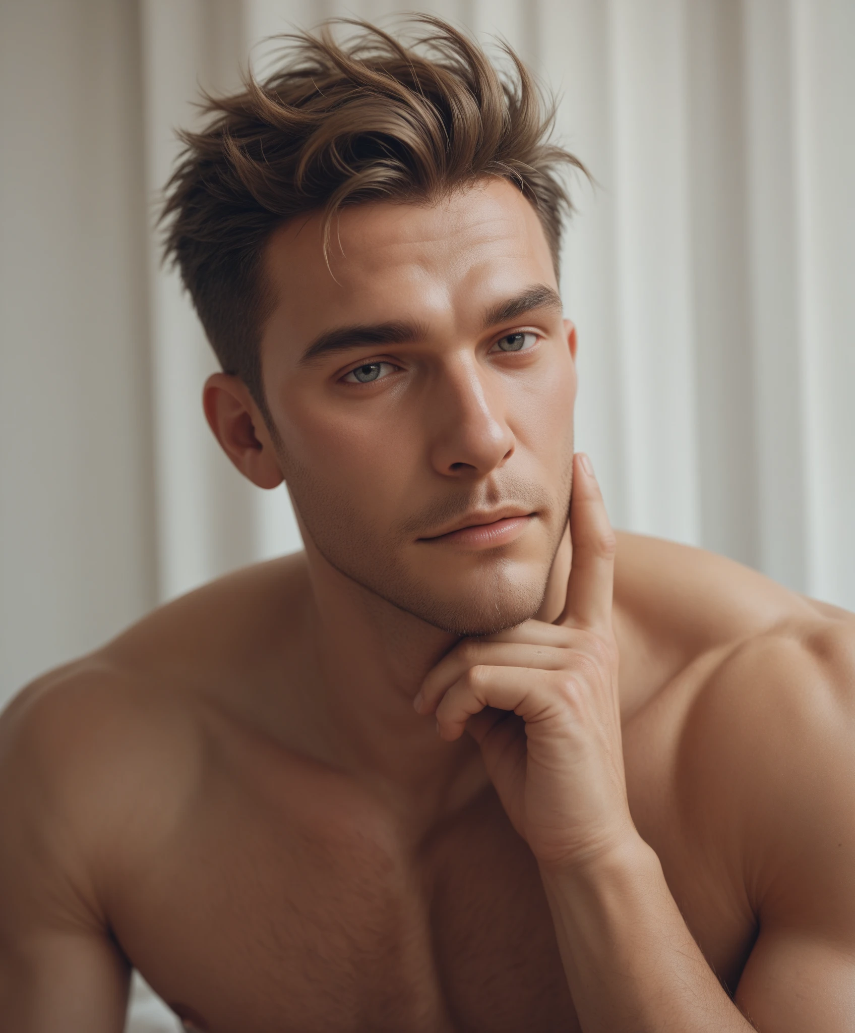 (selfie) of handsome young man looking down, naked torso, full length portrait, low camera angle, bottom view, bottom view, hands on either side of the photographer, deep shadows, darkness (transparency) (moonlight: 1.3), award-winning POV , intricate, detailed, stunning, fine details, highly detailed face, sensual, evocative, extremely detailed eyes and face, piercing gaze, tousled hair, muscular body, perfect center, nikon d850 film, lens, porter 400 1.6, rich colors , ultra-realistic texture, spectacular, bright, popular in station art: zinc up to 800 (facial transparency: 1.5), anatomical masterpiece, window light, hair texture, wet hair (wet hair), hanging), model style ( highly detailed CG wallpaper Unity 8k), popular on ArtStation, popular on CGSociety, Intricate, High Detail, Sharp focus, dramatic, photorealistic painting by Midjourney