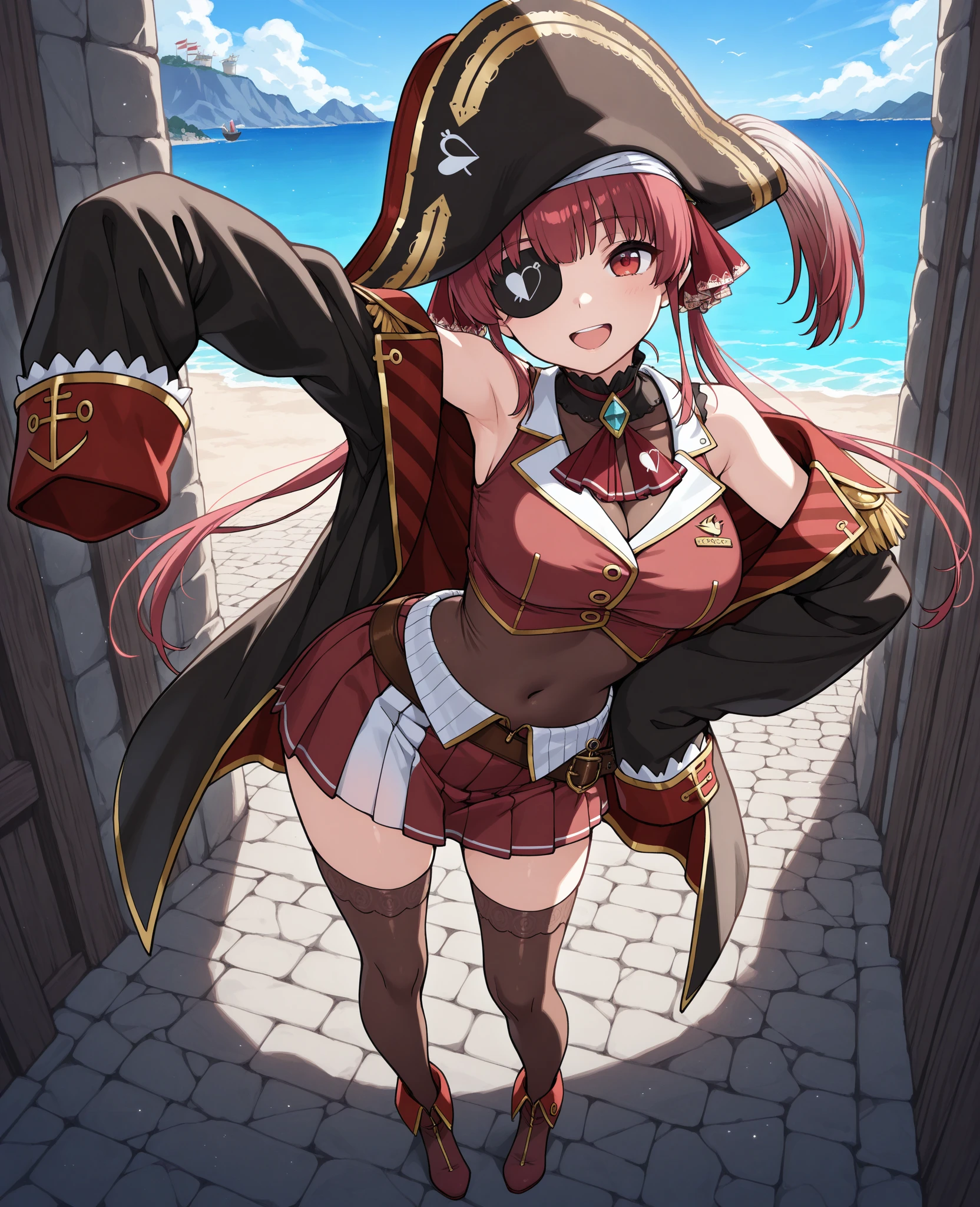 Anime image of an older woman with red hair and eyes, with red lipstick on her lips and wearing a sexy and very tight pirate outfit, as well as having an eye patch, standing near the helm of a pirate ship.