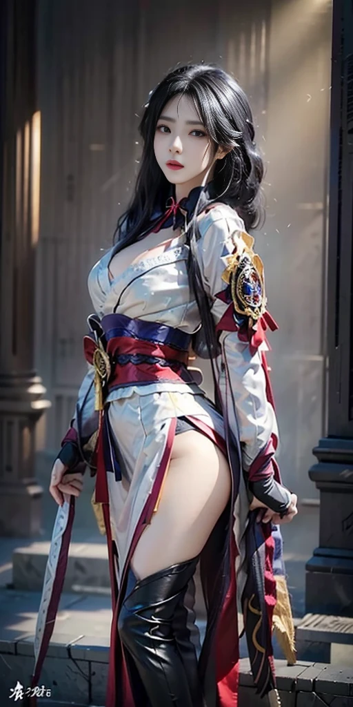 Generates a white girl with white eyes and hair on the left side and black eyes and hair on the right side in the style of Kimetsu no Yaiba., Her hair reaches her heels, with dark blue full-covered male demon slayer uniform, chest covered in bandages, two nichirin katanas on his back