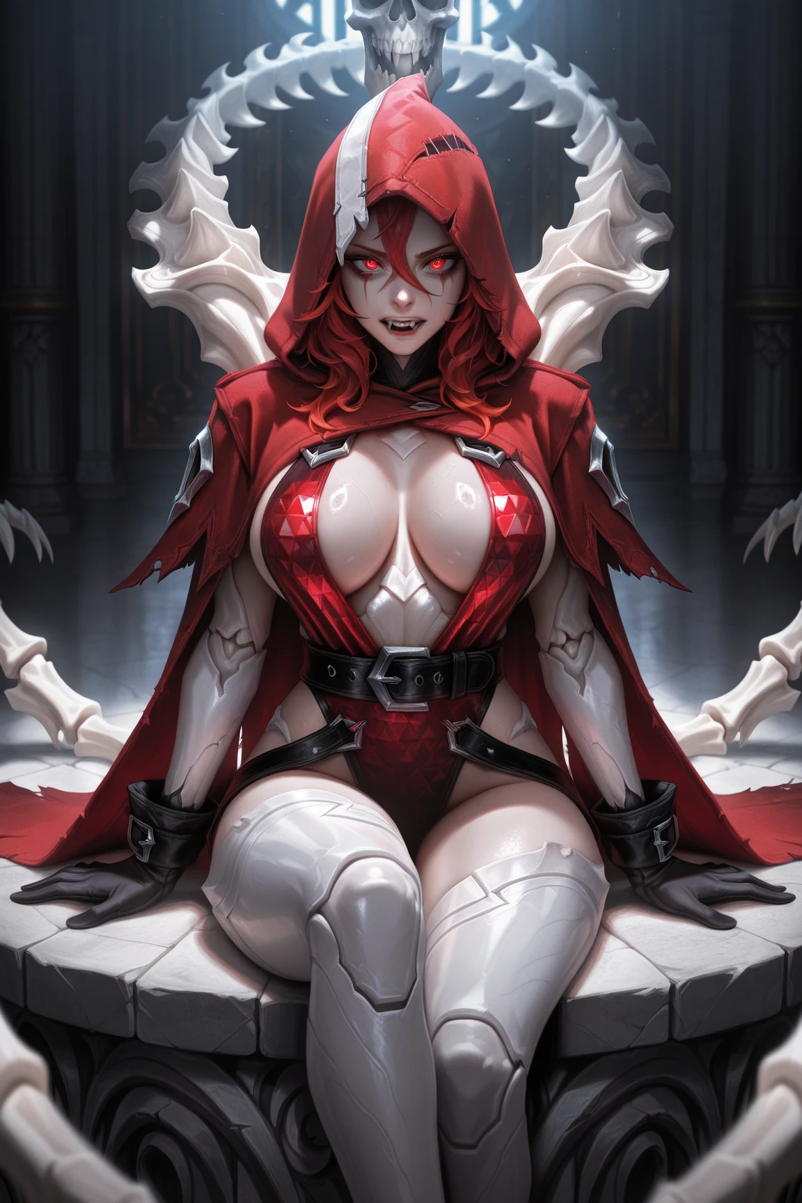 (masterpiece, Best Quality, absurd, 4k, Aesthetic, detailed, Intricate, perfect lighting) cinematic angle, 1solitaria, Sitting on the throne, elbow rest, castle interior, face mask, hood, layer, belt, armor, Cloak, red gloves gauntlets, corona