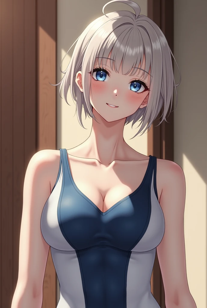 female,silver hair,blue eyes,short camisole,crop shirt,Off shoulders,breast,white,Art, anime,illustration