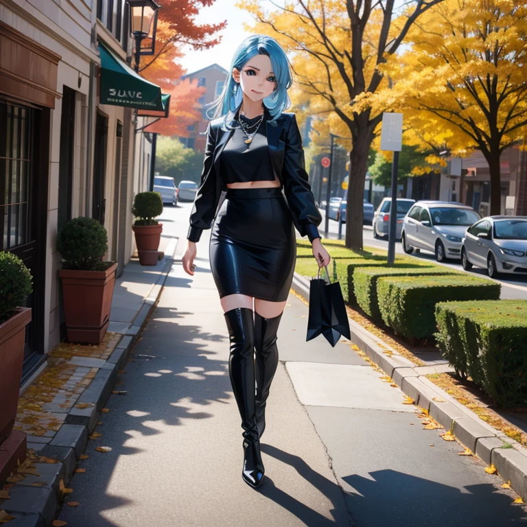 (full body shot), one girl, ((Light light blue hair)) , ((light blue pupil)), light smile, Glowing bronze skin, best quality, masterpiece, (realistic:1.4), (((I have a lot of fine muscles all over my body.)), , ((Her fit body visible in her neat attire))、(Domineering expression), bijouterie, Sky blue long hair, hair length reaching pelvis, pointed nose, pretty face, black formal , Black long coat, Coffee-colored stockings, The magical era castle is the background, Winter snow falls