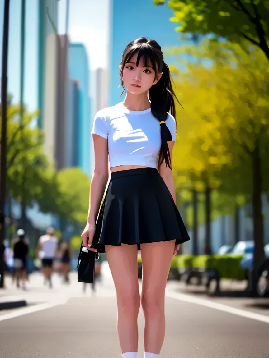 {of the highest quality], [Super beautiful], [Ultra fine], [best illustration], NSFW,Brown hair, hime cut, wide, with bangs, girl,ol,white short sleeve shirt,black tight skirt,SMILE, blush, Thin women, adult women,make a pose,(public),night park,summer festival,diagonal, Bare feet and pumps, Plain black pumps