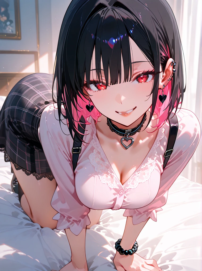 One girl, alone, Black Hair, Scene Hair, Barrette, Pink Stripes, Striped Hair, Very long hair, Off-the-shoulder shirt, indoor, Luxury Bedroom, Cute decoration, window, stuffed toy, jirai kei, Printed Tank Top, Micro Thong Lace Panties, Thick lips, Moonlight Eyes, Layered Hair, Super huge huge chests, Cleavage and underboob are visible, Sexy and seductive slutty poses, Tattoo sleeves and piercings, abdomen , Thick thighs, (anime:1.2), Blunt Bang, eye make up