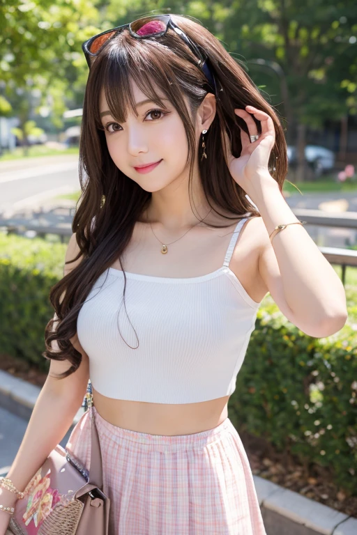 (Highest quality,masterpiece:1.3,Ultra-high resolution),(Very detailed、Caustics) (Realistic:1.4, RAW shooting、)Ultra-Realistic Capture、Very detailed、Natural skin texture、masterpiece、(The upper body is a tank top with a childish print pattern、A Japanese wearing a plain pleated skirt on the lower half of her body:1.3)、Adorable expression、Expressions of happiness、10 years old、height: 1ce、Pure、Amazingly cute、Twinrstyle、Curair、Black Hair、Large Breasts、Shining thighs、Shining ass、Shooting on the main street of a tourist spot、Summer early morning、Background details、smile、An inviting gaze、(Anatomically correct)、Cowboy Shot、Attention to detail、