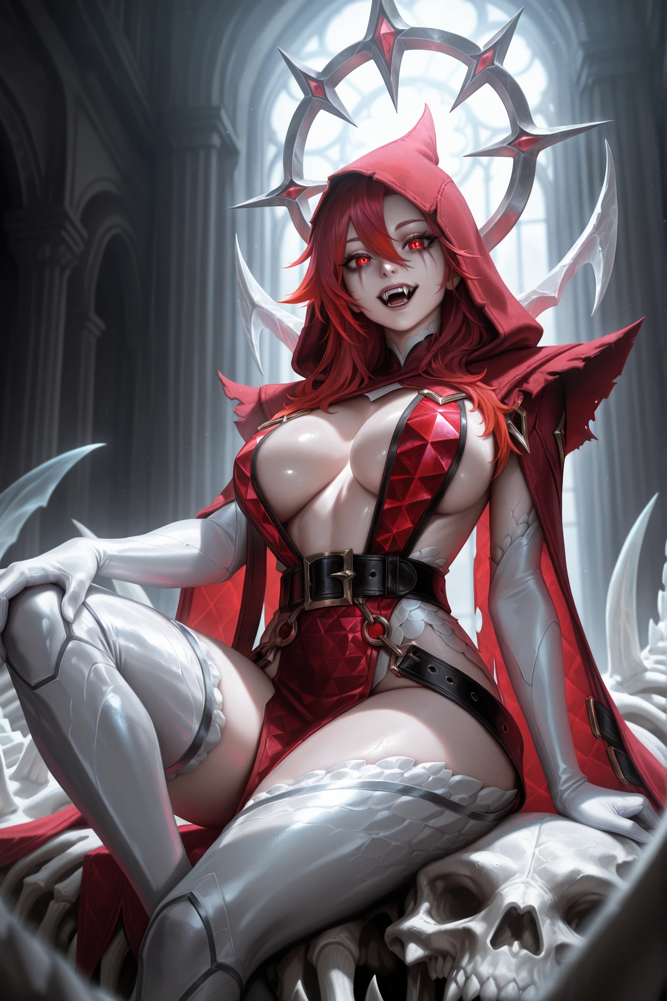 Rosaria - Genshin Impact, cherry hair color, angry woman face, vampire girl, fangs vampire teeth, red blood lips, bloody mouth, erotic, sexy girl, sexy nun girl, thick and fat sexy body, black tights, nude big tits, blood, blood rain, blood on the body and clothes