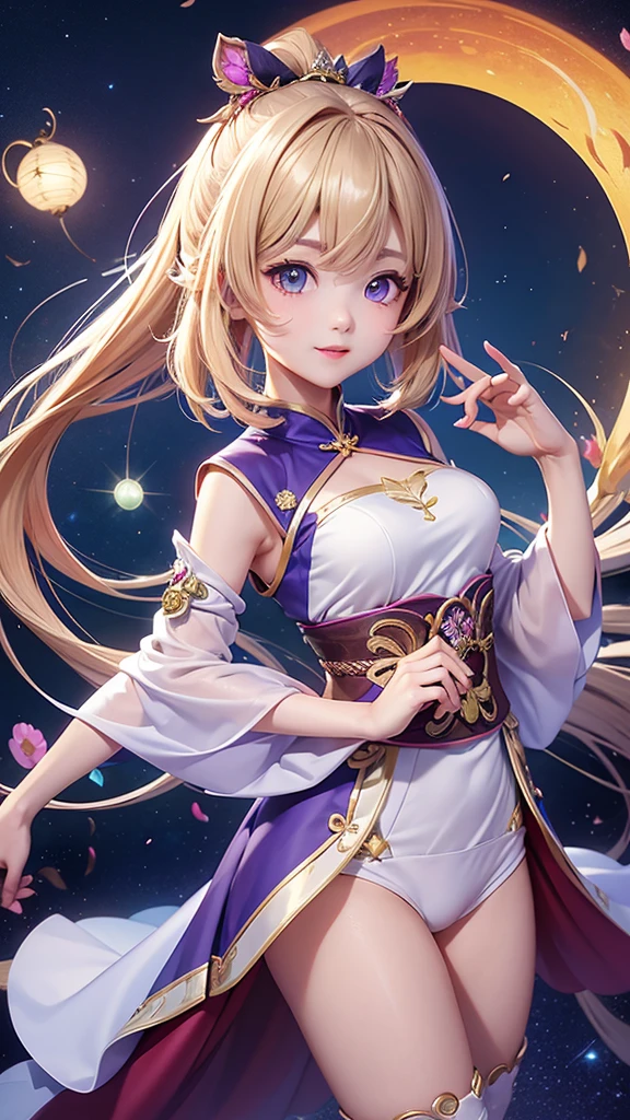 blonde、long hair、fox ears、purple eyes、Beauty、(White Chinese dress with open shoulders and exposed shoulders)、fantastic background、looking at the camera、white coat、whole body、