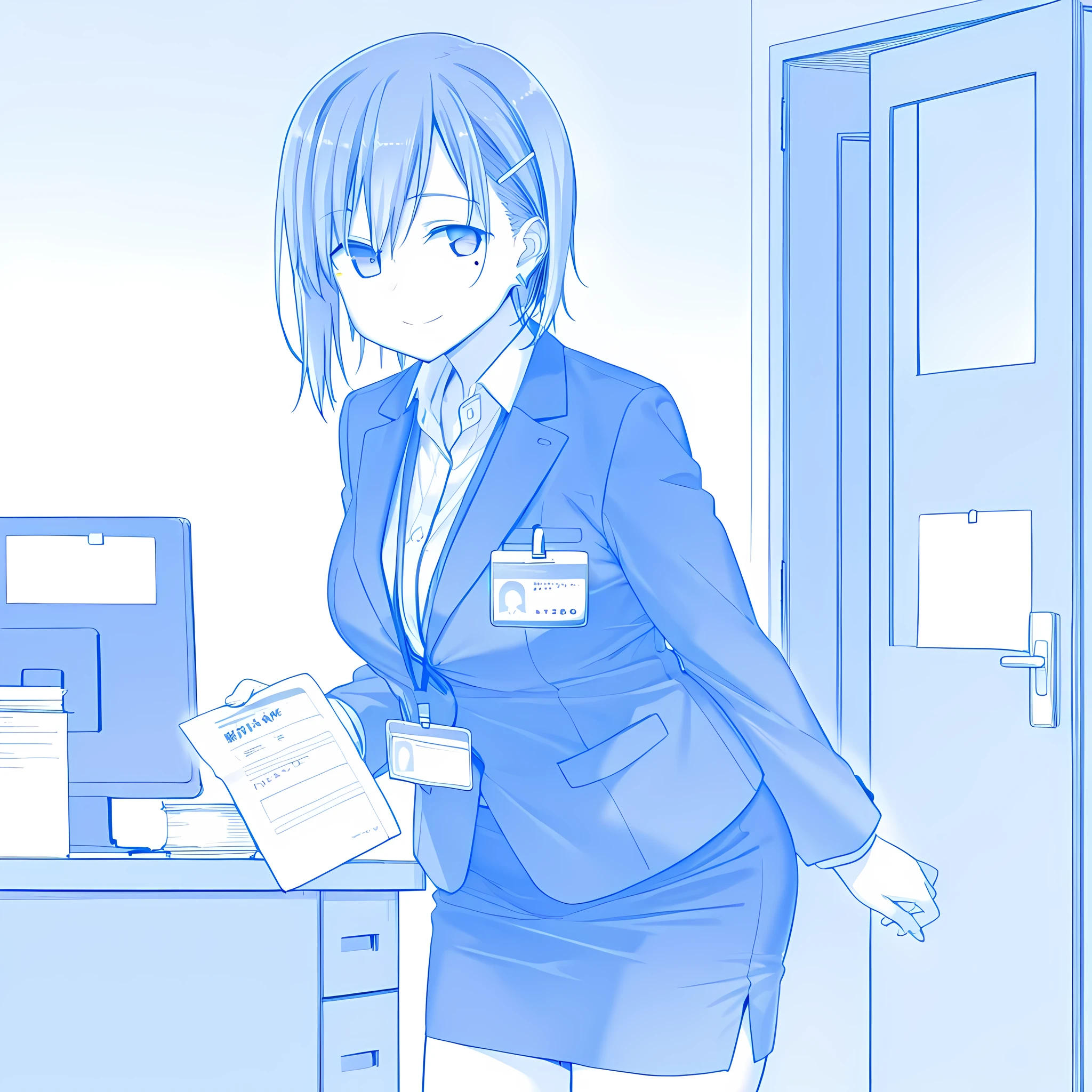 score_9, score_8_up, score_7_up,source_anime,uncensored,uncensored, 1girl,
, office lady, mole, mole under eye, , , , earrings, lanyard, id card, , jewelry, hair ornament, hairclip, skirt, short hair, multiple , shirt, pencil skirt, , , , Tawawa-style, monochrome, blue theme, chubby, , smile , , standing, from front ,, desk, hands on side, open eyes wide, black jacket, closed mouth, ,, twinkle effect, holding document on one hand, closed mouth, eyes looking right sides,