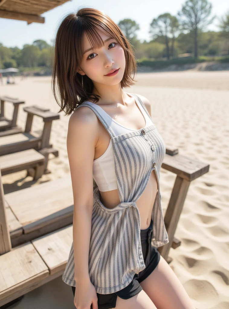 She is wearing a pure white wedding dress。There are frills, highest quality, masterpiece, Ultra-high resolution, (Realistic:1.4), RAW Photos, One Girl, Off the shoulder, Deep Shadow, Moderate, short hair, roadside, Sitting, 20-year-old,Cute Face, Small breasts, Tight shirt,(head shot:1.5), Playing sports