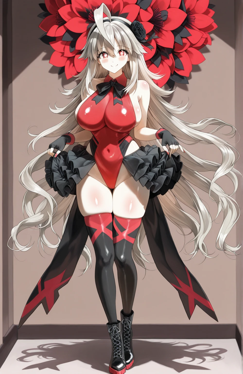 1girl, white hair, long hair, red eyes, serious, glowing eyes, large breasts, thick thighs, mature female, athletic female, toned, leotard, black leotard, thighhighs, belt, knife, fur trim, fur