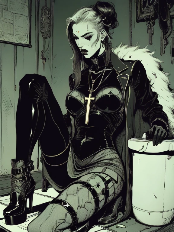 in style of Santiago Caruso,in style of Mike Azevedo,
1girl,(hip-hop style trousers:1.8),huge oversize breasts,cross ornament,leg cross,nipple cross,extreme elegance,extremely detailed,{black leather half sleeve jacket:1.3},lace-up leather shoes
BREAK
{stand with diverging legs:1.6},black silk see through bodystocking,drooping an arm,hand in the hair,high ponytail,incredibly long hair