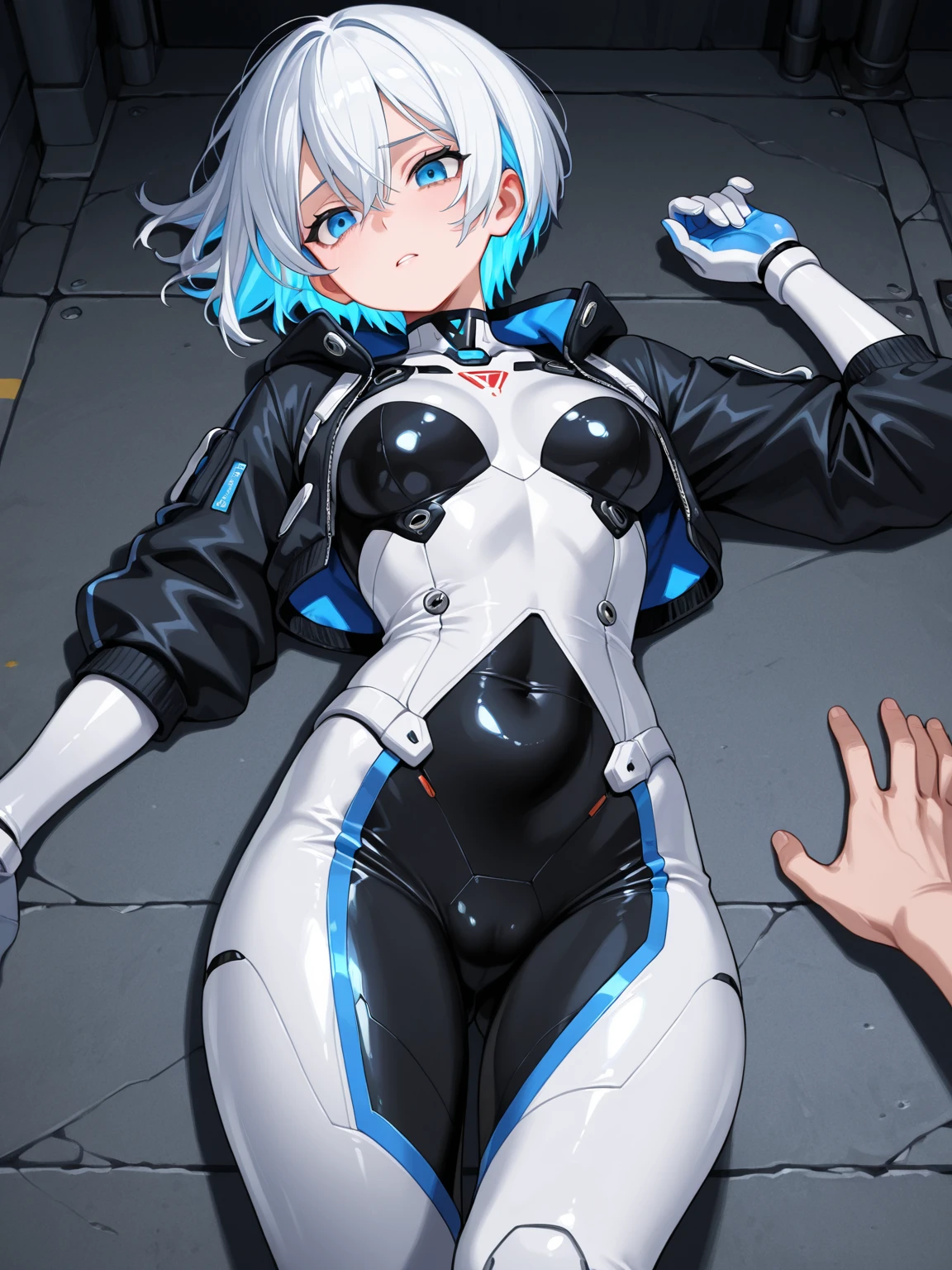 Game CG，8K quality，((young boy))，1 boy，Youthful feeling，Anime male protagonist，wolf ears，12 years old，Pain and despair，Locomotive goggles，Pure white skin，White and blue racing（tight）One-piece Pants，The crotch is bigger，White fingerless gloves，White racing boots，full body portrait，Defeated，gave in，damaged clothes，car damage，sit on the floor，is powerless，There are scars on the face，Car crashed，The scene of the car accident，and there is blood on the corners of your mouth，Fear，sad