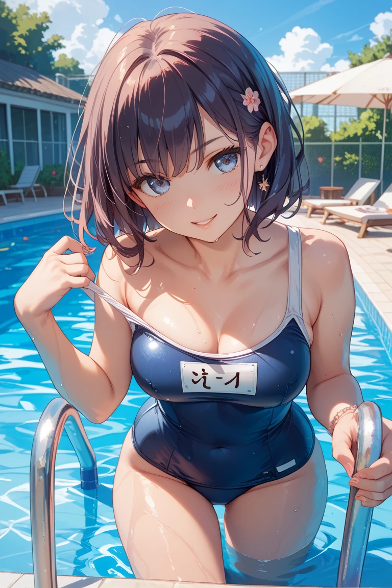Navy blue and white high leg swimsuit、Swimming School Coach、Wet swimsuit、Oily and shiny skin、Shiny thighs、Beautiful woman、Big Breasts、2 Gravure idol、short hair、Nogizaka Idol、Sensual look、Sexy pose、White skin、Luxury resort hotel beach