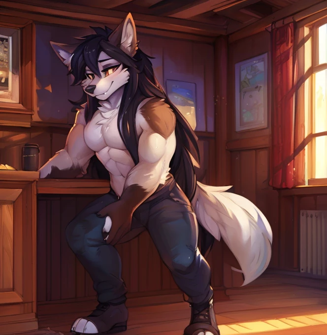 Solo, male, fox, grey fur, grey body, yellow eyes, detailed eyes, detailed hands, brown hair, medium hair, messy hair, short, slim, weak, unathletic, bony, stinky, smelly, sweaty, sweat, steam, steamy, dirty white shirt, ripped black jeans, by glitter trap boy, by darkgem, by chunie, by buta99, bulge, smirking, evil expression, licking lips, rape face, shirtless