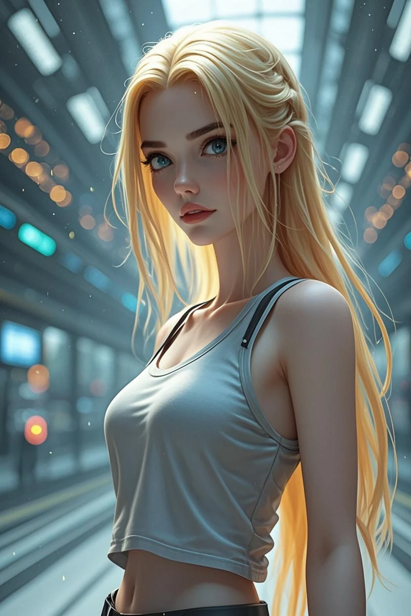 (high quality, ArtStation, Relax Art, fantasy style, abstract architecture:1.2), (A beautiful cute girl), (long messy ginger hair), (white long sleeveless shirt, bare thighs), (serene atmosphere), (soft lighting, warm colors, cinematic), (depth of field, bokeh background), (digital art, digital painting)