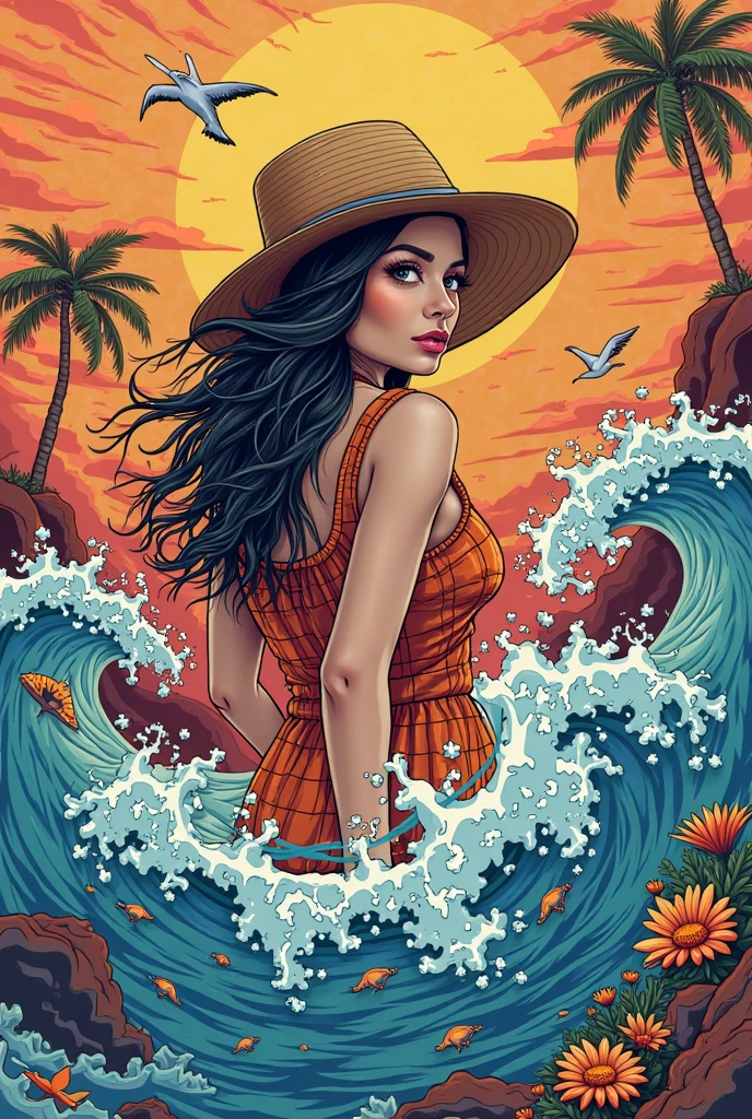 beautiful woman in the center,vintage beach clothing(ads on beach clothing),vintage advertisements surrounding her,accessories on both sides,human central,garden, short jean shorts,vintage designs,vibrant colors,hand-painted artwork,framed artwork