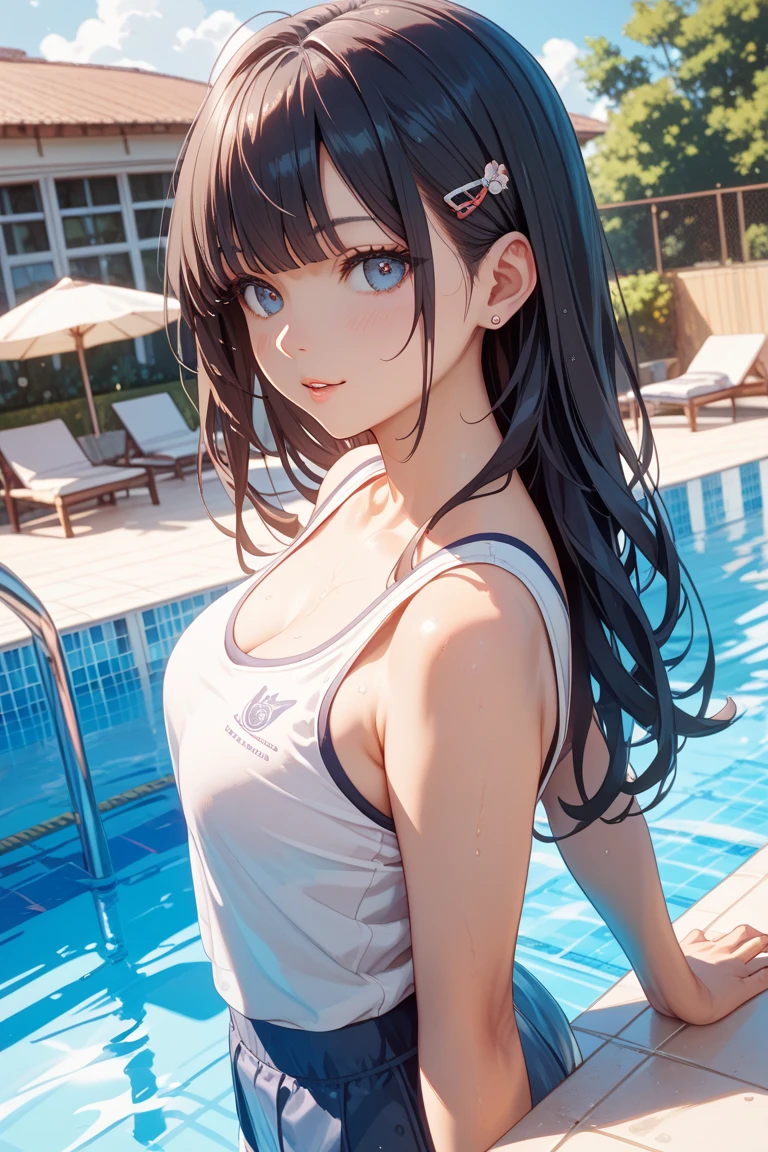 masterpiece,highest quality,High resolution,figure,Super detailed,8k CG wallpaper,Ray Tracing,(Black Hair:1.1),((Long Hair:1.1)),(black eye:1.1),Straight hair,Medium chest,(Upper body naked1:1.3),Cover your chest with your hands,Leaning forward,((Embarrassing:1.2)),((sit:1.2)),Navy blue oversized swimsuit,Bedroom at night