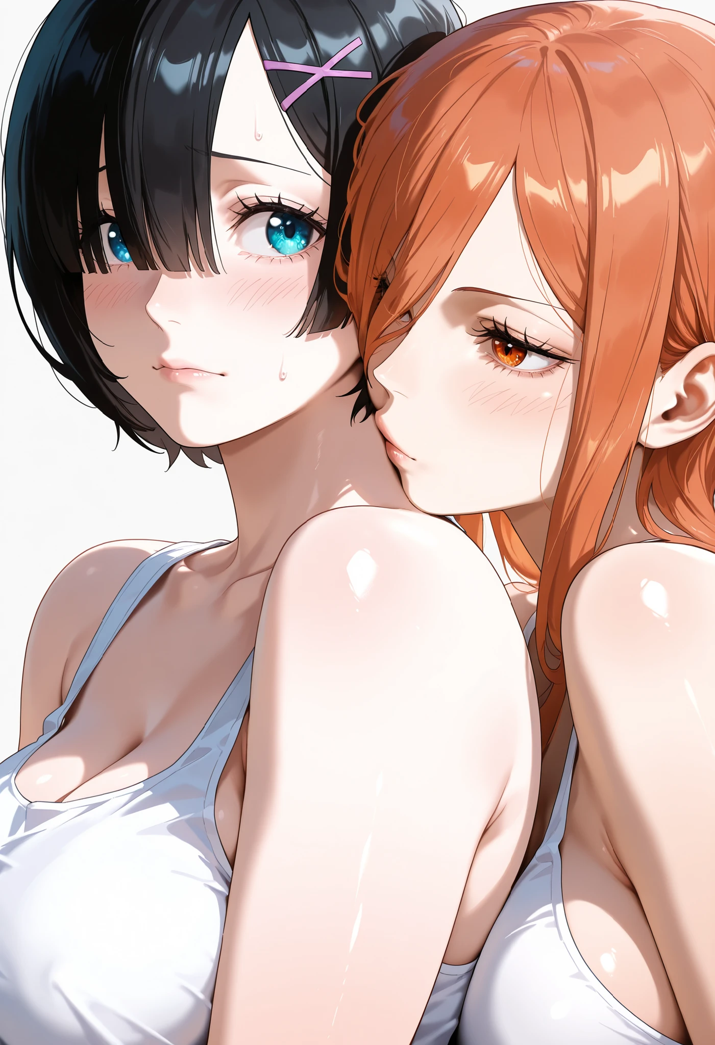 (masterpiece), Highest quality, Expressive eyes, Perfect Face, High resolution, 1 Girl, alone,Character design sheet, (Redhead:1.5) (Female Body:1.3),smile, Medium Hair, (Orange eyes), (Female Body:1.3), clavicle, naked, Without clothes, Slender figure,Cleavage,seiza,Sitting pose, Blushed,Sweaty, glistening skin,Looking at the audience,Angle from below,(White background),Plain white background,