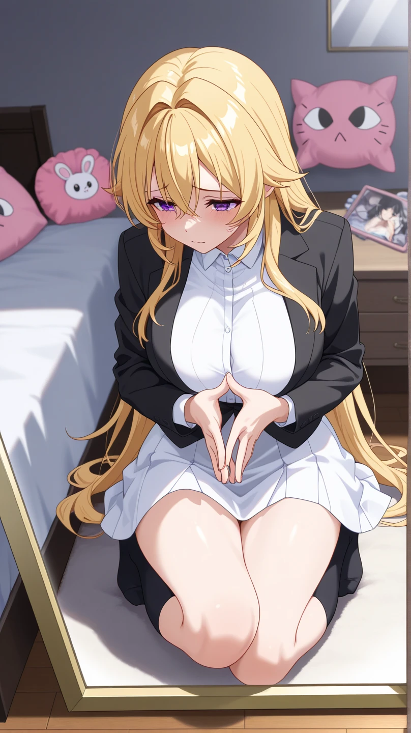 ((highest quality)), ((masterpiece)), (Become familiar with), Perfect Face,Light golden hair,Medium Long Hair,Down Bangs,Eyes without highlights,Desaturated crimson eyes,Drooping eyes,A sloppy, relaxed look,Black choker,tall,slender,Big Breasts,Off-the-shoulder knit,Black panties,Black Stockings,Black pumps,slender,19 years old,Leaning forward,Bedroom,