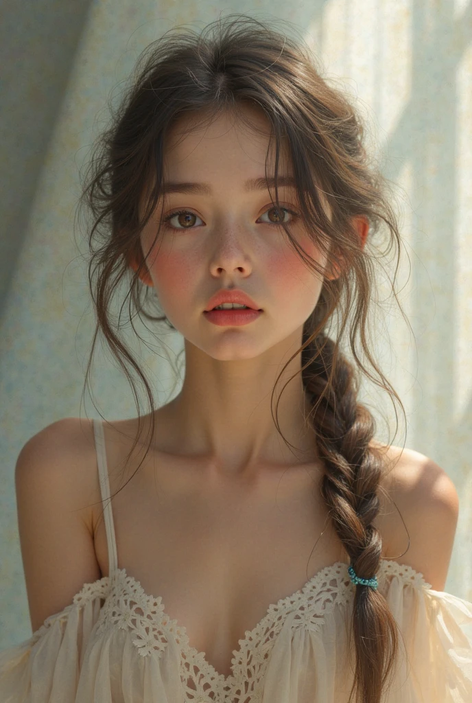 , horny, 1girl, 16k, best lighting, best quality, ultra high res, skin pore, ultral detailed face and eyes, (photorealistic:1.4),best quality, 12 years old,small breasts, narrow waist,beautiful detailed eyes,light on face,standing,(full_body:1.2), long legs, masterpiece, a young dreamy woman, golden hair, twin braid, looking at viewer, , highly intricate, highly detailed, photorealism style