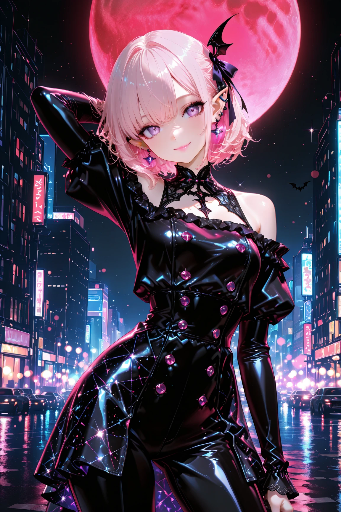 Highest quality、8K、(Bunny girl)、Fishnet tights、High heels、Red Bunny Suit、View Viewer、smile、Futuristic Living Room、indirect lighting、Room with houseplants、From the window you can see the valley between the city buildings、Night view、Silver short hair、Beautiful eyes、Beautiful Face、Delicate eyes

