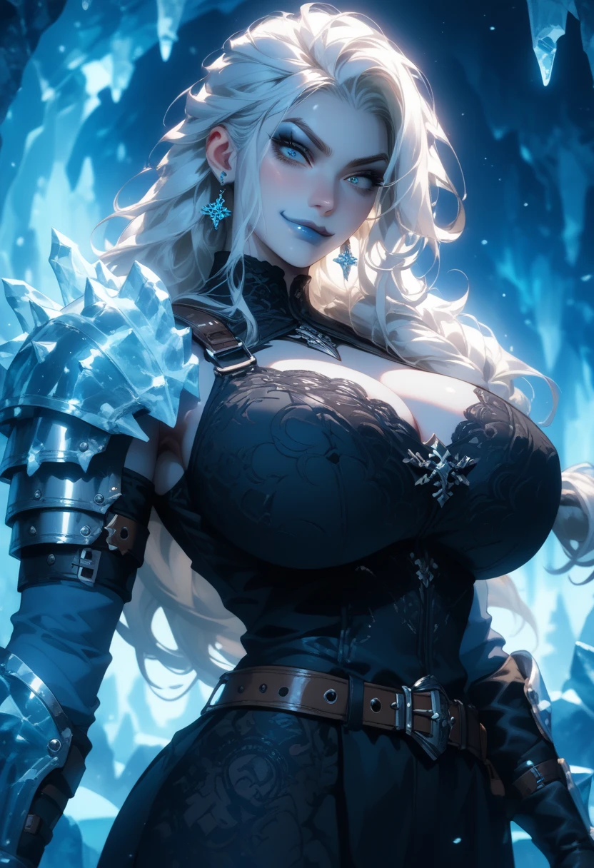 A fierce warrior queen stands in the snow, wearing a cloak, She is the ice empress, very long hair, blue eyes, and frosty makeup. (steel crown:1) magical aura around it. She holds a sword in one hand, She frowns determinedly, showing her strong features and (scars;1). She is surrounded by white and blue sparks, snowflakes, and ice crystals. Behind her, the mountains and the forest create a cold and harsh backdrop, moonlight reflects the scene. She is preparing for a battle, and she is the leader of her army. masterpiece of art, high detail, realism, and quality. Her body is mature, fit, and glowing, showing her survival skills and courage. She is a fantasy come true, and she knows it. This is an 8K resolution concept art, rendered with octane, and trending on Artstation. It is an illustration of a 1girl character in ligne claire style, with perfect composition and absurdres. It is an official art by Mappa studios of a 30 yo natural amazing body speaking shouting war cry, (heavy jewelry:1), (freckles:1.2), (gold:1), (huge breasts:0.95), (Adult Film Star:1.6), (naked:1.8), nsfw