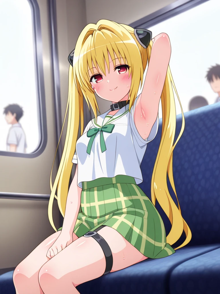 Kentaro Yabuki, love〜fart, ore_9, score_8_superior, score_7_superior BREAK 
konjiki no yami, Red eyes, Blonde, Hair Intake, Long Hair, Hair Pod, , skirt, Sweater vest, View your viewers, A light smile, Portraiture, in the train,Sitting skirt lift (show off panties)