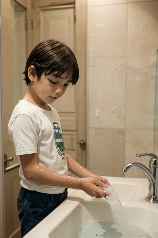 Draw a cartoon picture of a child washing his hands