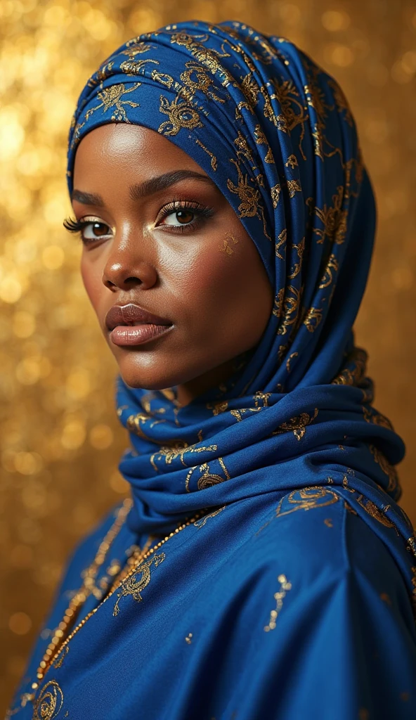 Woman in hijab with striking eye, belonging to an elegant, hijab-adorned Latin American, with hints of modern vintage style, aglow with rim lighting and an inner luminescence, surrounded by dark hues of purple, teal, with accents in gold foil and deep black, the scene embellished with sequins, glitters, crystal dust, and platinum tiles reflecting volumetric light, painted with heavy, textured impasto oil brushstrokes reminiscent of Geremy Mann and Giovanni Bold  Wearing black color skin tight clothing. Clothing so tight it is like a part of the skin,full body portrait 