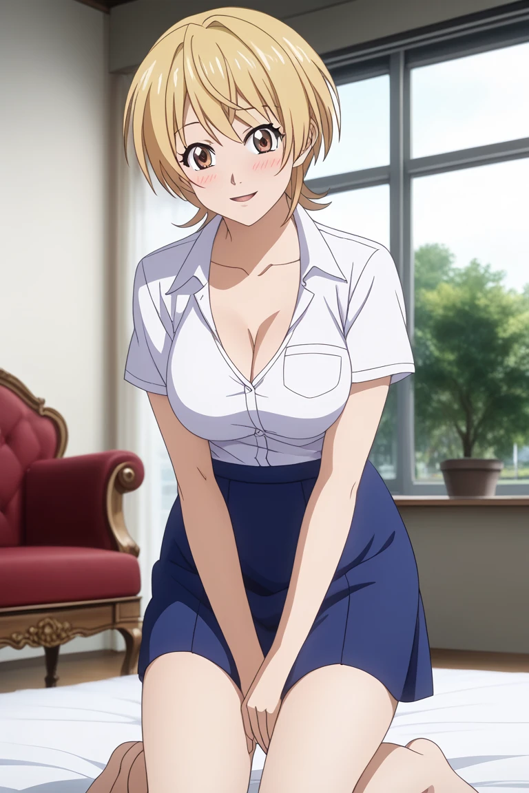 (masterpiece, best quality), 1girl, sitting on the bench, smile, lower body, arms at sides, BREAK 5yo, , huge breasts, (blonde hair, (short hair):1.3), red eyes, (dark skin:1.3), heart neckless, BREAK school uniform, (unbuttoned beige cardigan:1.3), sleeves past wrists, (shirt tucked in, white collared shirt:1.3), cleavage, collarbone, black bra, BREAK black mini skirt, BREAK in the park, out door,