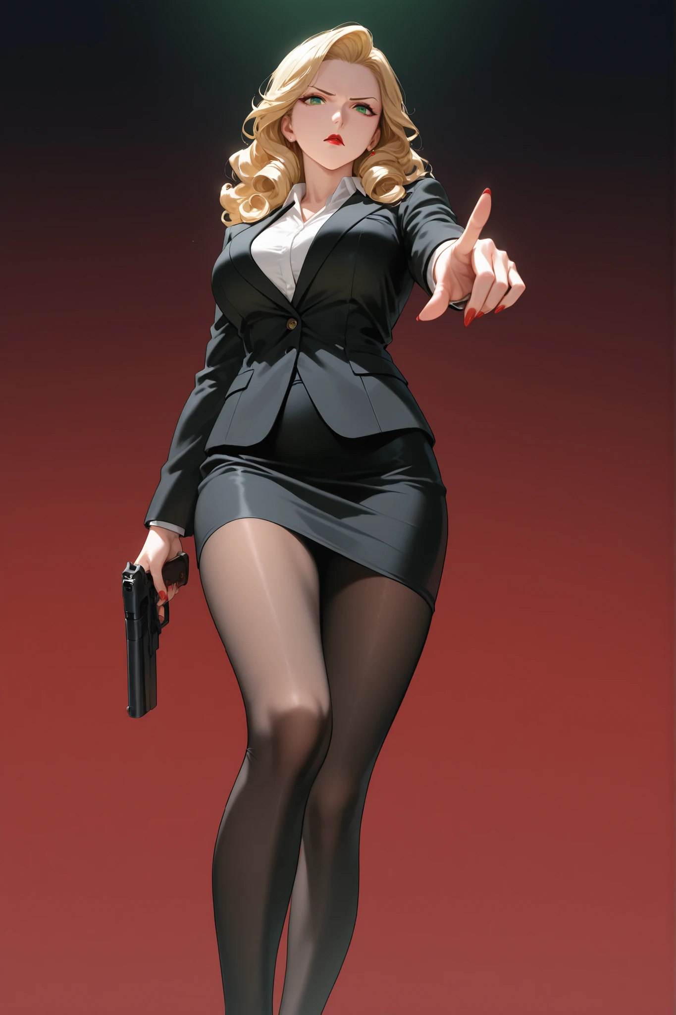A blonde woman，Blonde curly hair，Long flowing hair，European and American looks，Fierce expression，Sitting，Leaning back slightly，Hold the gun in your left hand，The right hand is in front of the chest，Red slip dress，Gold necklace，Realistic skin texture，Realistic hair texture，ue5 render，3D Rendering，Movie-level lighting，Cartoon Characters，Cartoon Style