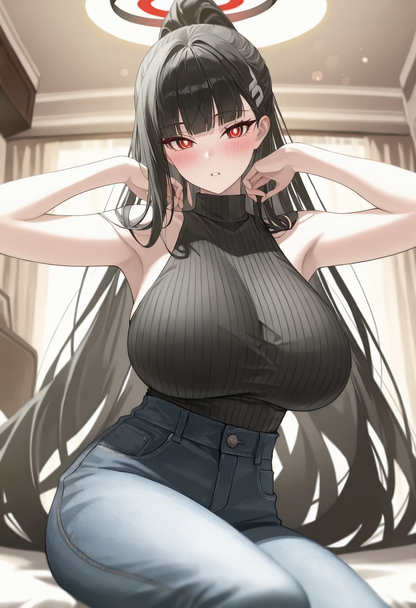 1mature woman, (black hair, long hair), (sexy short white tank top), short black shorts, huge breasts, nice hips, sexy thighs, massive tiddies