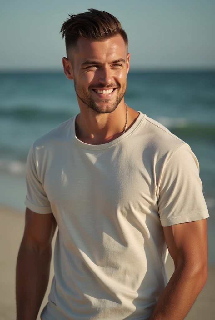 A blond American man on a lush sunny beach, with arms crossed and a close-up capturing the harmonious beauty of her smile and toned body in a tank top, showing your natural charm