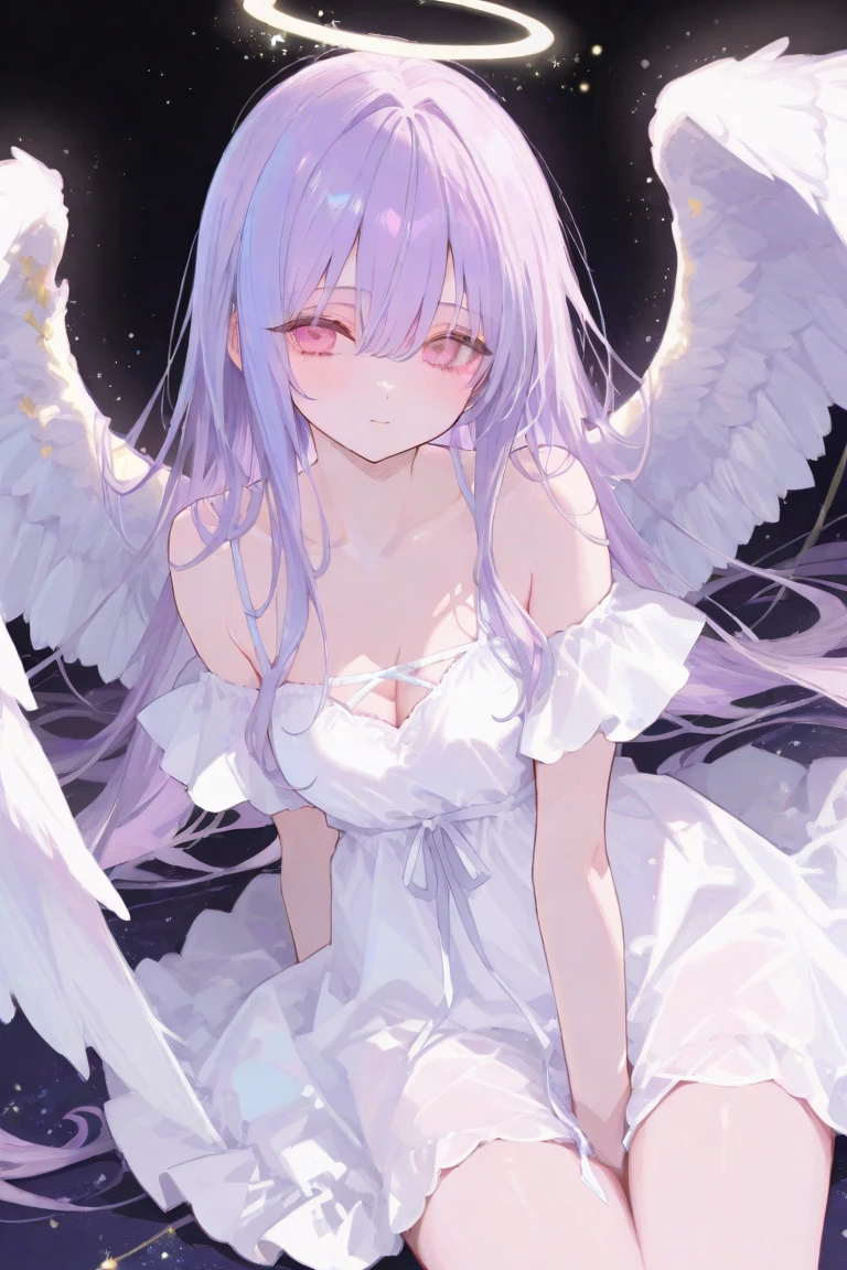 one girl, fallen angel, angel wing, angel ring, sacred, cute, naive, crying, 15 years old, beautiful, light blue eyes