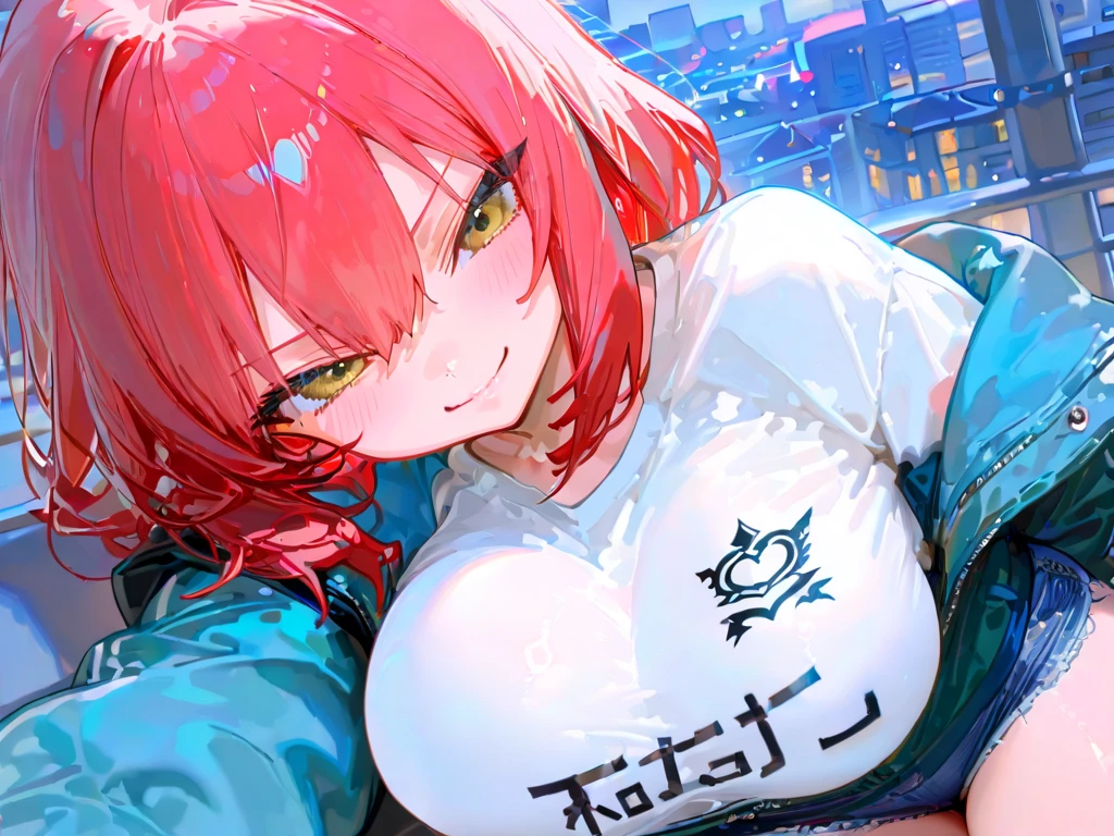 (masterpiece, Best Quality, Best Quality, beautiful and aesthetic,Attractive),(8k, Best Quality, masterpiece:、cute、Big breasts、Provocative Expression、red hair long、Scenery in the city、 crossing、wave、Tees、wears a jacket、hotpants、playful smile、Katyusha、