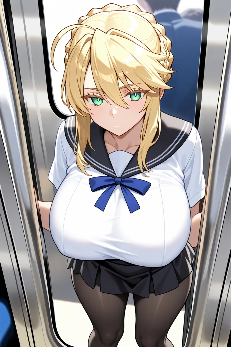 Highest quality, 1girl, solo, blonde hair, long hair, blue eyes, gigantic breasts, thick thighs, green sweater, standing, box pleated skirt, thigh highs, smile, wide hips, respirator