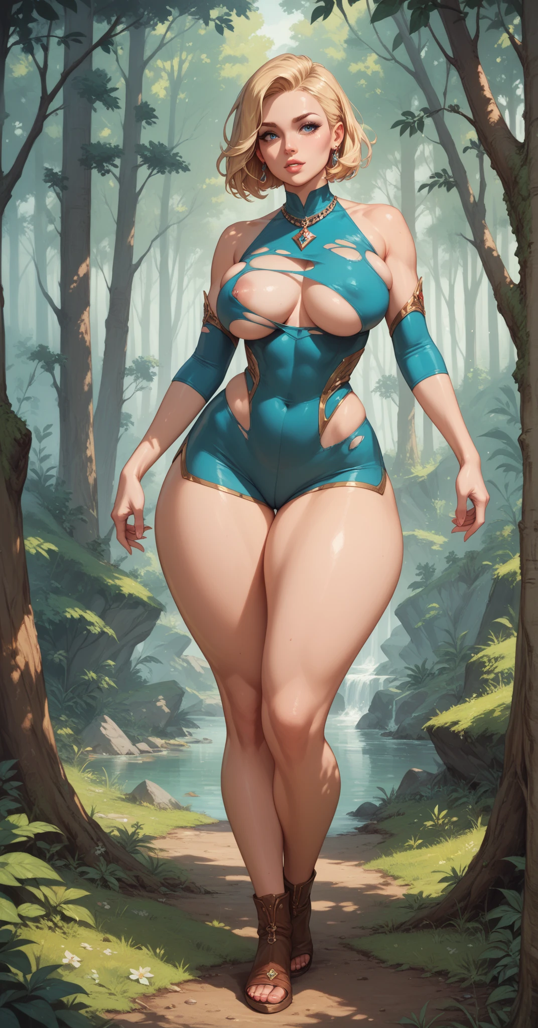 ((jungles)),(elf milf),((Climbing a tree)),((grey tattoo covering whole body:1.5)),flower ribbon,(golden hair),Detailed details,((thick body: 1.4)), (Curvy:1.35),Curvy physique,compelety naked,bare ass, slingshot bikini