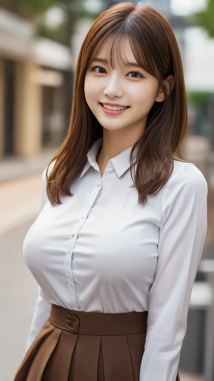 ((Best Quality, 8K, Masterpiece: 1.3)), Sharp Focus: 1.2, A Beautiful Woman with Perfect Figure: 1.4, Slim Abs: 1.2, (Layered Hairstyle,: 1.2)), (Wet White Button Long Shirt: 1.3), Rain: 1.3, Street: 1.2, Wet Body: 1.1, Highly Detailed Face and Skin Texture, Detailed Eyes, Double Eyelids, Big Breasts, Smile,
