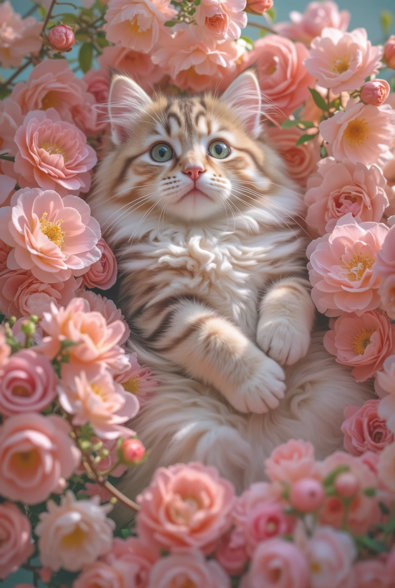 a fluffy long-haired cat surrounded by blooming flowers, hyper-realistic style, intricate details, colorful petals and soft fur, photorealistic lighting, pastel tones, elegant composition, suitable for jigsaw puzzle, 8k resolution, highly detailed