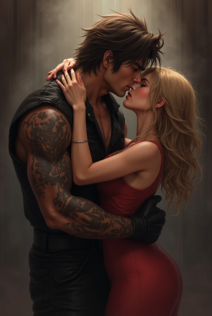 Create the cover for the book In the Shadow of Desire, as if it were drawn by hand, a brown-skinned woman with long, wavy black hair was holding a knife to a man's neck, This man had dark blond hair and amethyst colored eyes, a true prince, he also had a knife to her neck, but he looked at her with desire, as she looked at him with hatred