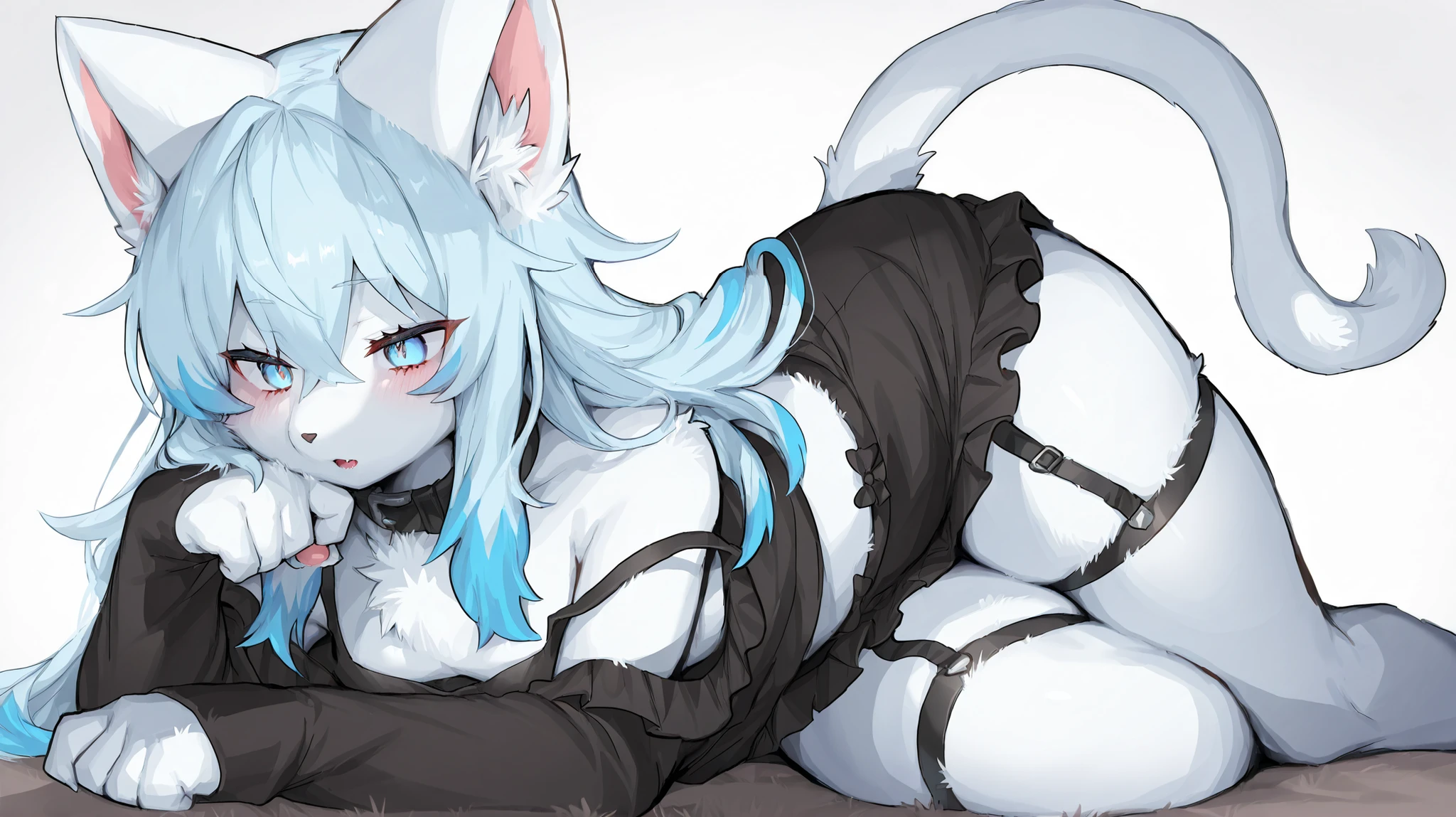 [score_9 , score_8_up , score_7_up , score_6_up , score_5_up , score_4_up::0 . 3] , High quality, Ultra detailed, best quality, insanely detailed, beautiful, masterpiece , (beautiful eyes) , (detailed eyes) , (highlights in eyes) , One person , solo , furry female , furry , white fur , (small :1.2) , Huge Thighs , long hair , Light Blue Hair, stupid hair , Hair between eyebrows ,  Blue eyes , tooth , cat girl ,cat ears , pure white body fur , animal ear fluff , Cat's Tail ,  animal nose  , wide hips , curvy ,  perspective , look at the person watching , excessive thighs , masterpiece ,  , Artist Suurin's Style with Lift , artist Ksyaro's style , best quality , Best Quality , beautiful detailed eyes , beautifully detailed lips , very detailed eyes and face , cute , winks next door , Goth , collar , Katyusha , ruffled clothes , garter belt , miniskirt , ruffled T-back 
