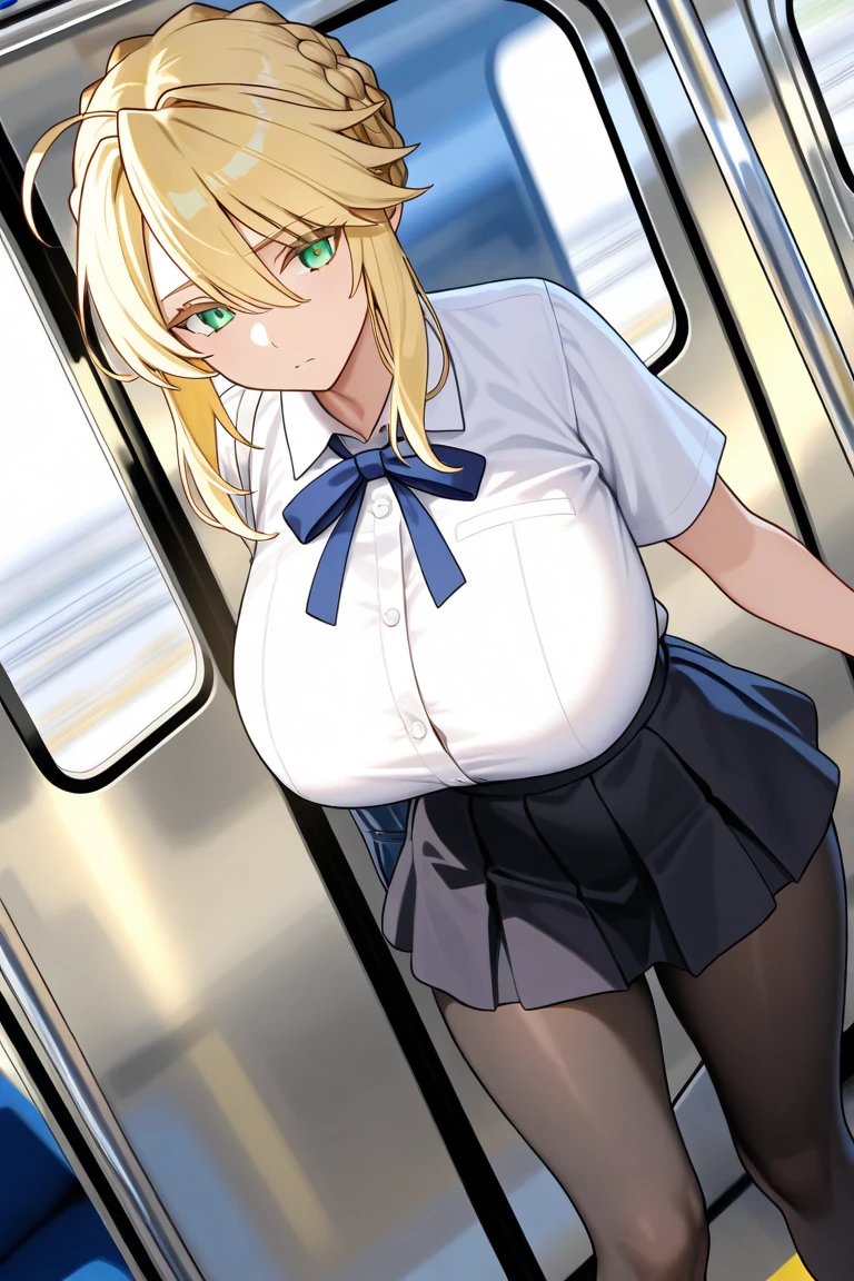 Sheer Uniform,Cute high school girl,Blonde ponytail,on the train,Having a stranger touch my pussy,Love juice dripping from the pussy,Big Breasts,Lower Angle,Panties that have been removed and fallen to the floor,Squat