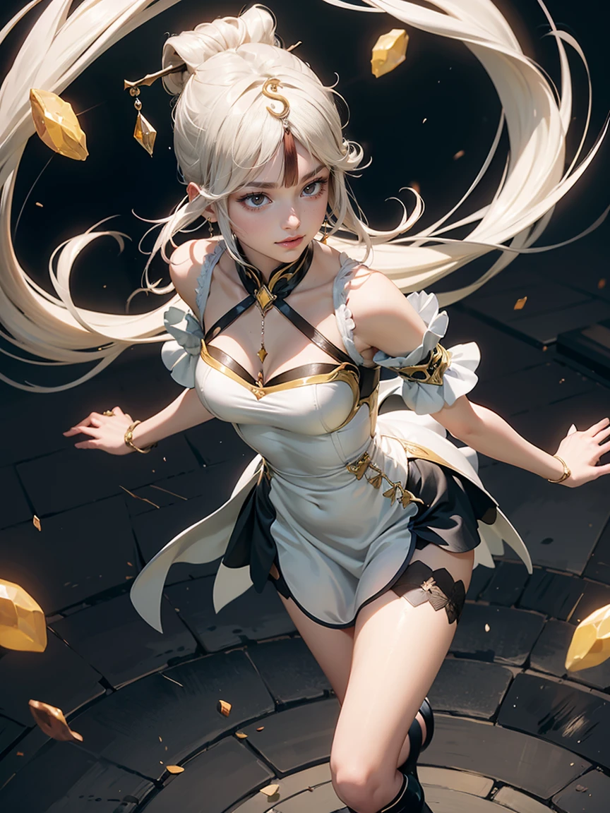 Cute girl in fantastic surroundings, with detailed armor and weapons, High-resolution rendering with realistic textures, Number of storeys and lighting, makeup, mascara, The lips are soft or colored, plain black background, minimalism, monotonous, Simple color palettes, puro, Clear design, Flowing silhouettes, skirts, skirts, Simple dresses, Sbikini, asymmetric, geometric, Elegant and luxurious materials and design, simple, Minimum accessories, Necklaces and thin rings made of silver or gold, Simple bracelets, Distinctive design, Simple silhouettes, Simple and sophisticated style, elegance, minimalism, High-quality materials, haute couture, Simplicity and sophistication,
