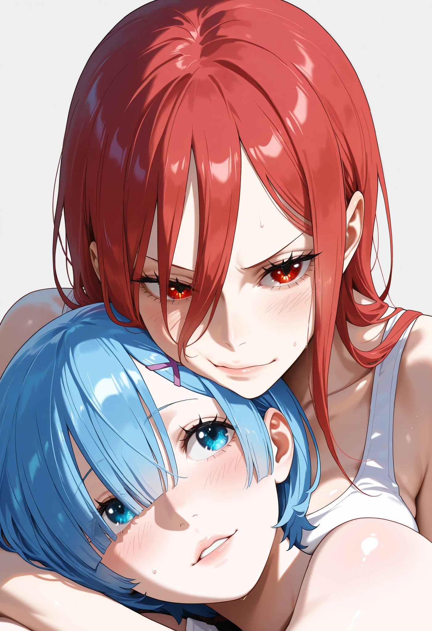 Makima but with blue pool hair and red eyes