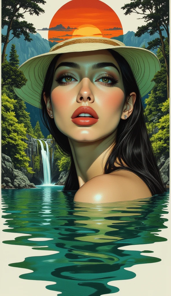 masterpiece, best quality, (closeup face:1,2), 1girl, naked, nipple, pussie, hairy pubes, goggles on head, (lying on water), (polar lights:1.1), aurora borealis, purple green red, night, colorful, reflections in goggles, reflections on water, (wide angle:1.2), watercolor, sketch